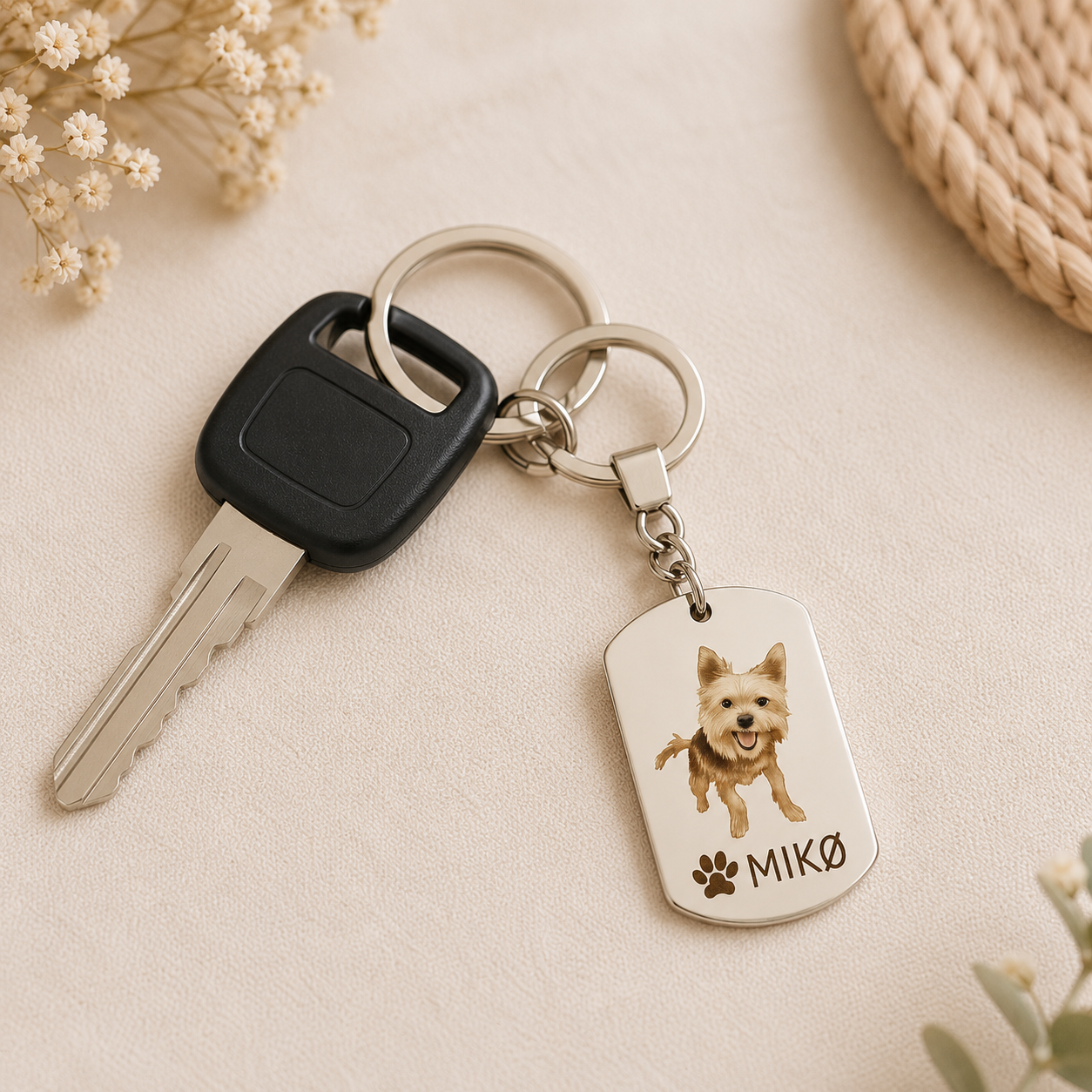 Llavero de acero inoxidable con foto de mascota con huella personalizado con nombre o frase.