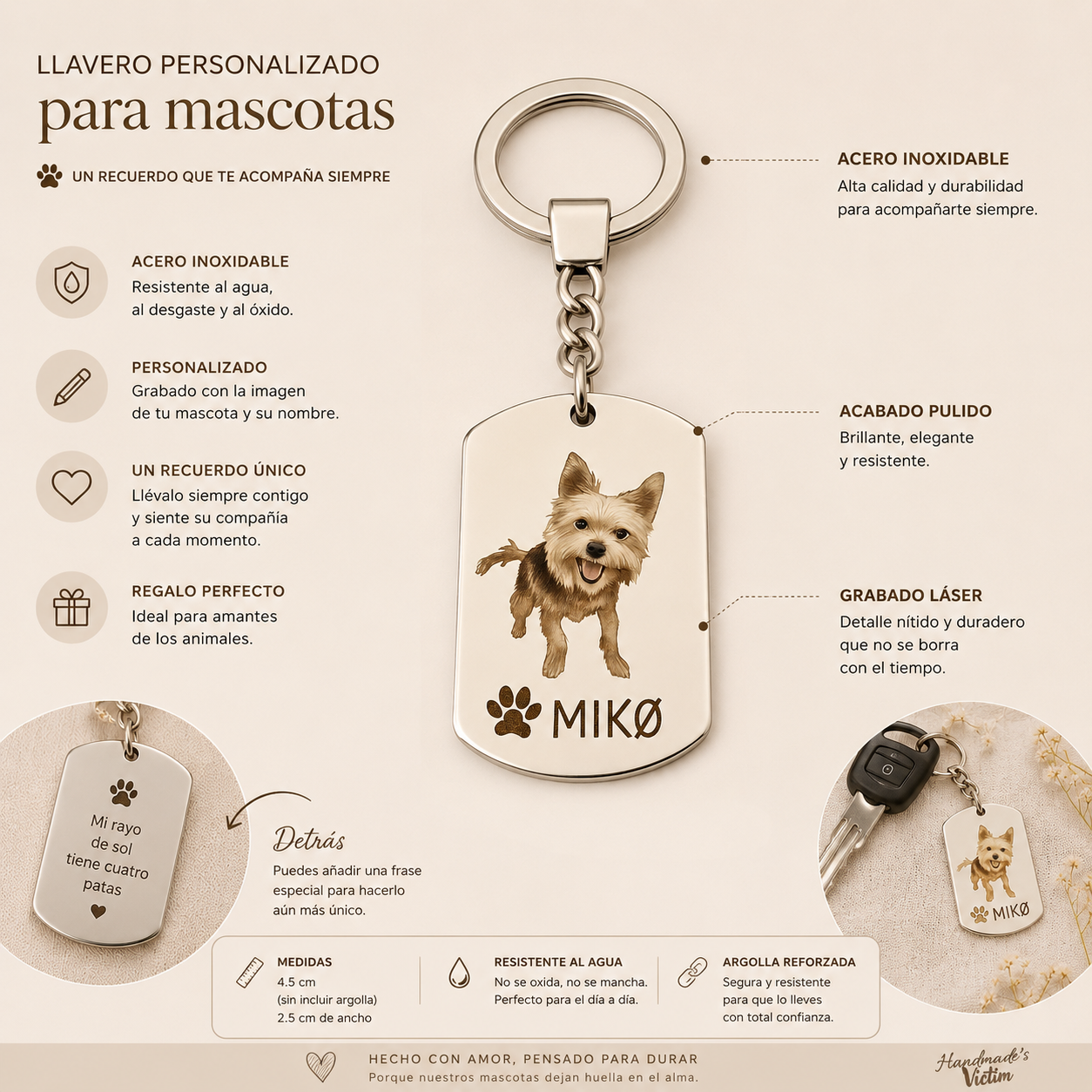 Llavero de acero inoxidable con foto de mascota con huella personalizado con nombre o frase.