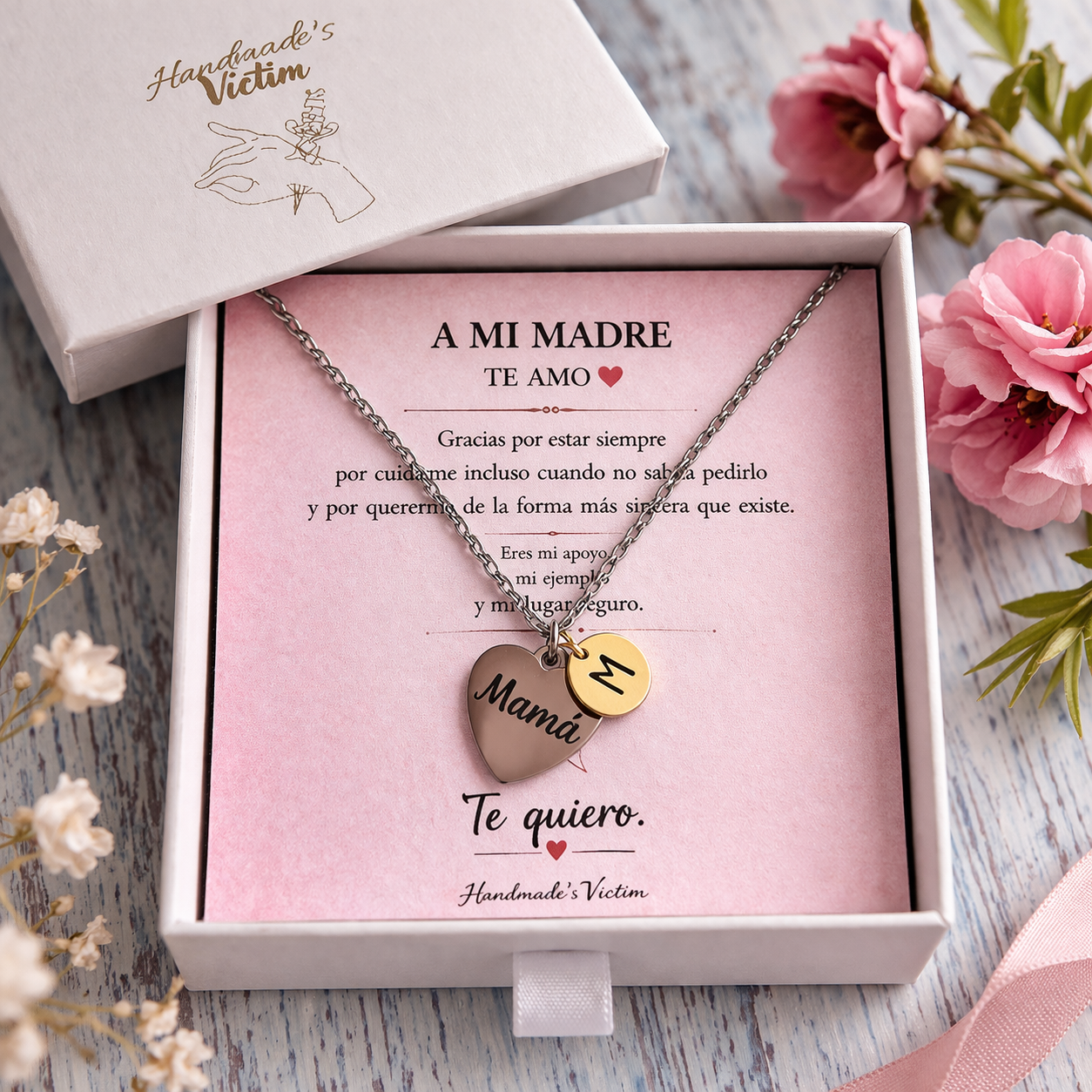 Colgante Mamá personalizado con inicial – Collar corazón acero inoxidable regalo Día de la Madre