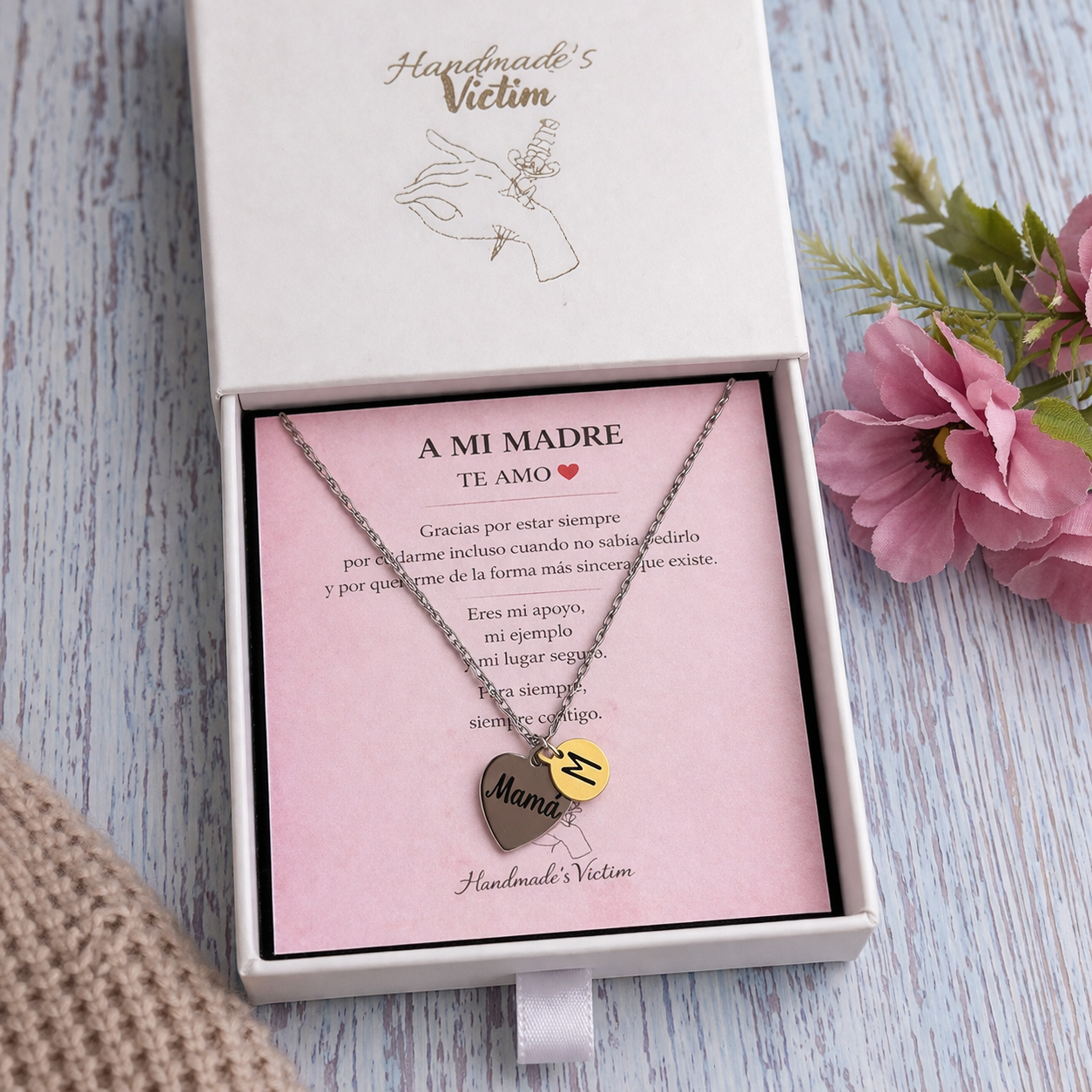 Colgante Mamá personalizado con inicial – Collar corazón acero inoxidable regalo Día de la Madre