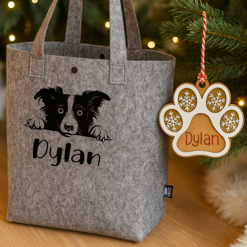 Pack Regalo Personalizado: Bolso de Fieltro con Imagen de Mascota + Bola de Navidad de Madera – Oferta Especial Más Económica