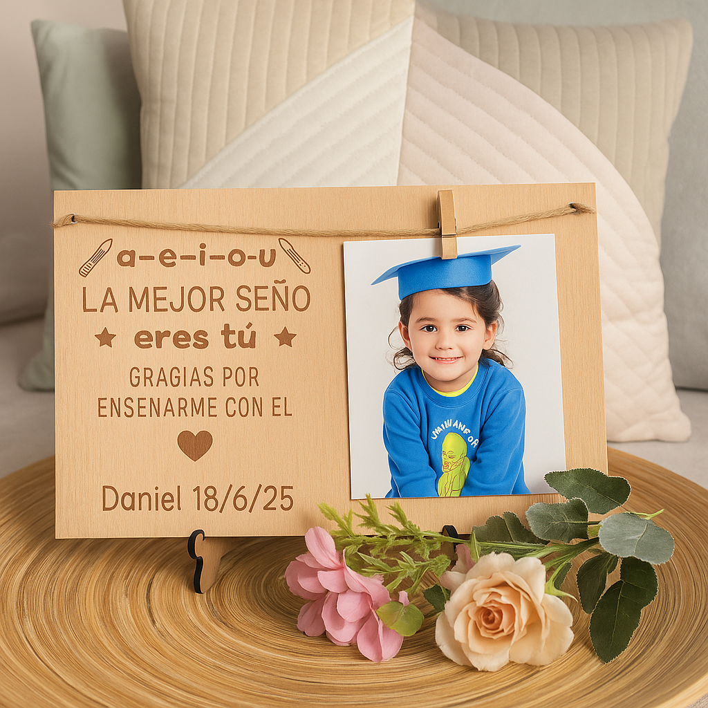 Placa de Madera Personalizada “La Mejor Seño eres Tú” – Regalo para Profesores con Foto y Soporte (15x21 cm)