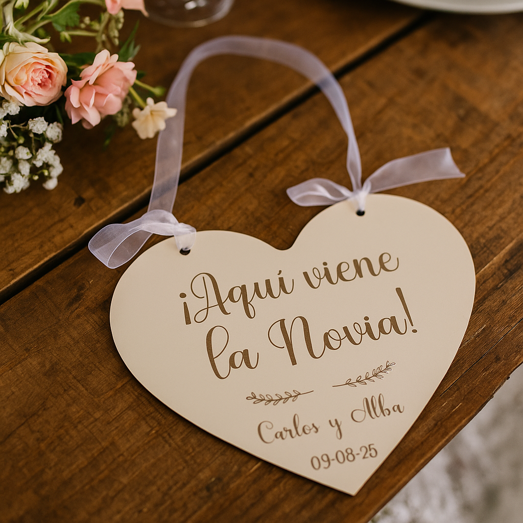 Cartel de boda en forma de corazón “¡Aquí viene la novia!”
