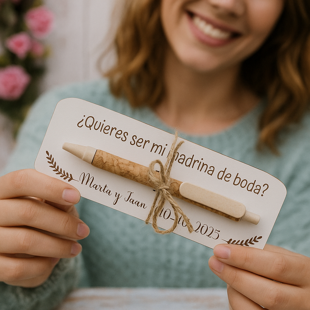 Bolígrafo ecológico con tarjeta de madera personalizable – Detalle emotivo y sostenible para tu boda