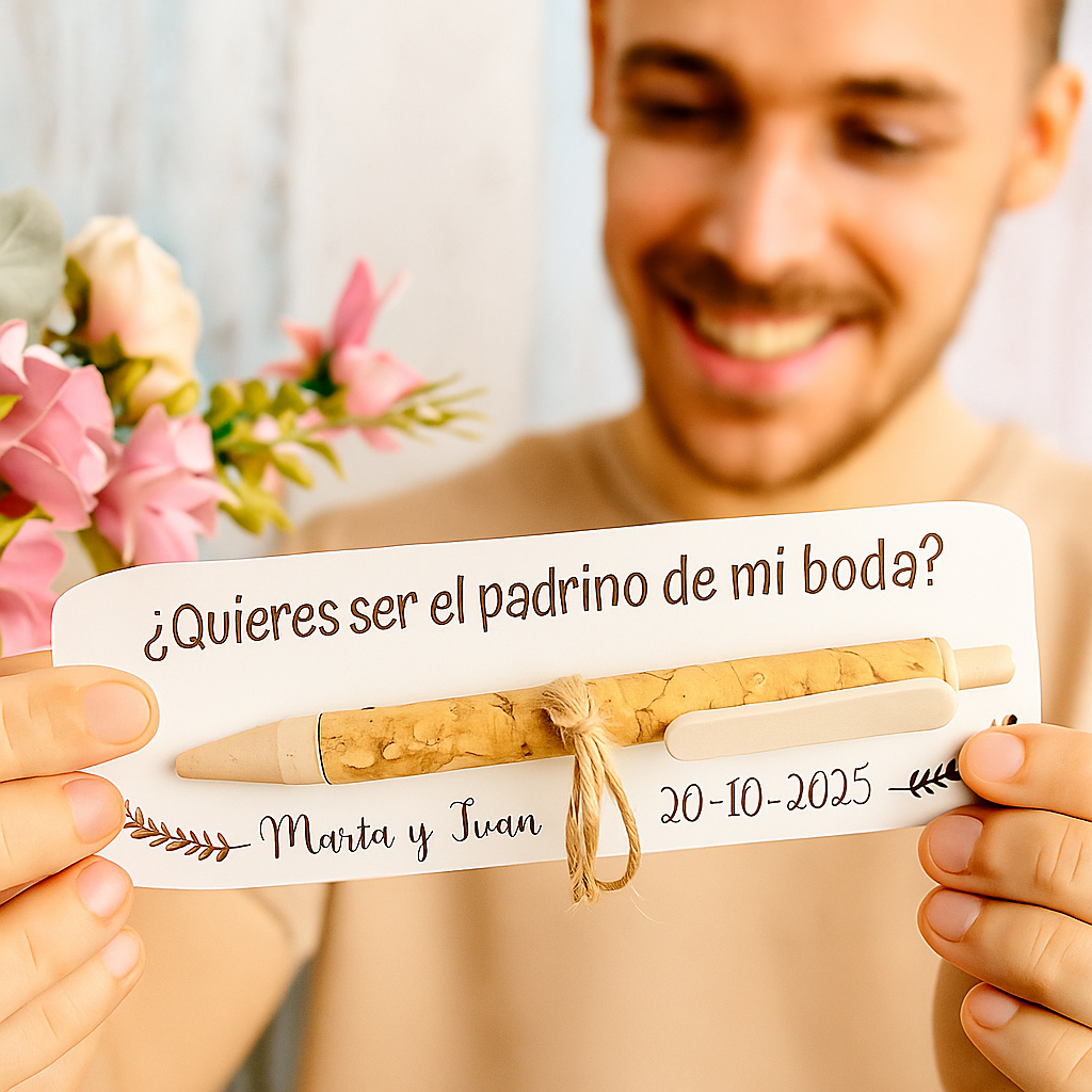 Bolígrafo ecológico con tarjeta de madera personalizable – Detalle emotivo y sostenible para tu boda