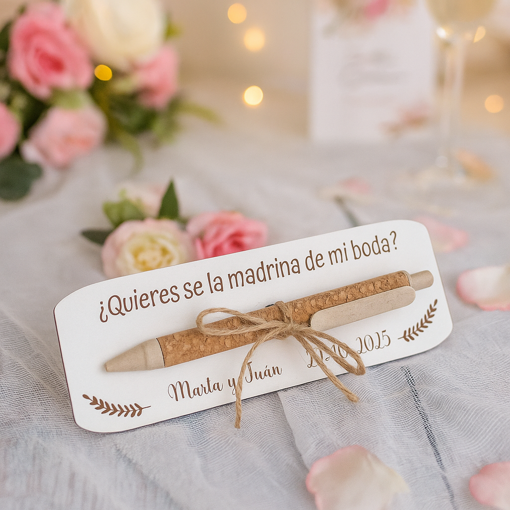 Bolígrafo ecológico con tarjeta de madera personalizable – Detalle emotivo y sostenible para tu boda