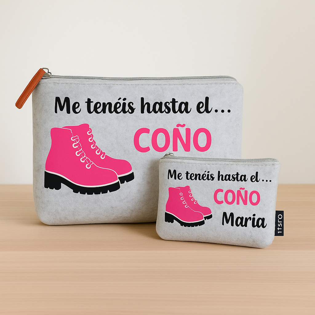 PACK NECESER Y MONEDERO DE FIELTRO RECICLADO CON FRASE "ME TENÉIS HASTA EL COÑO"