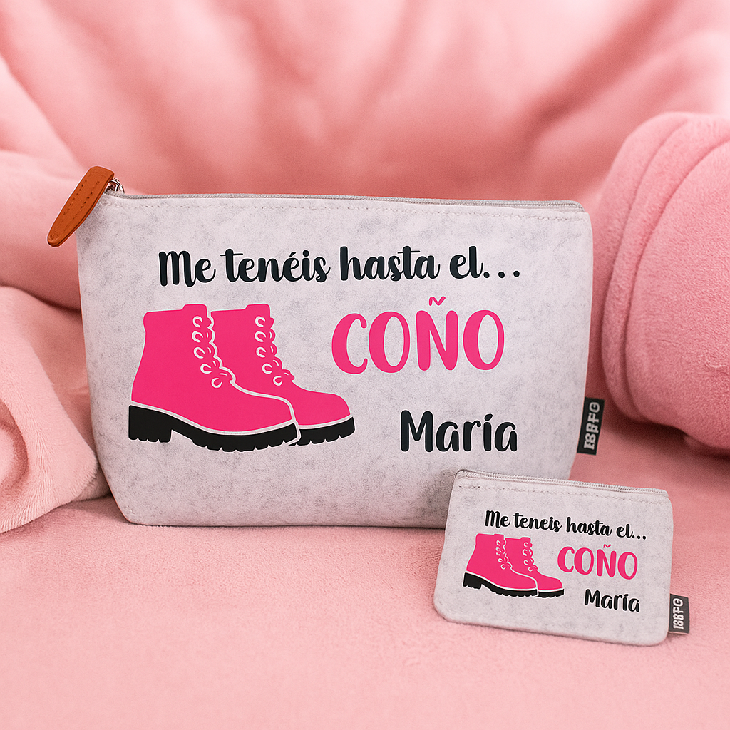 PACK NECESER Y MONEDERO DE FIELTRO RECICLADO CON FRASE "ME TENÉIS HASTA EL COÑO"