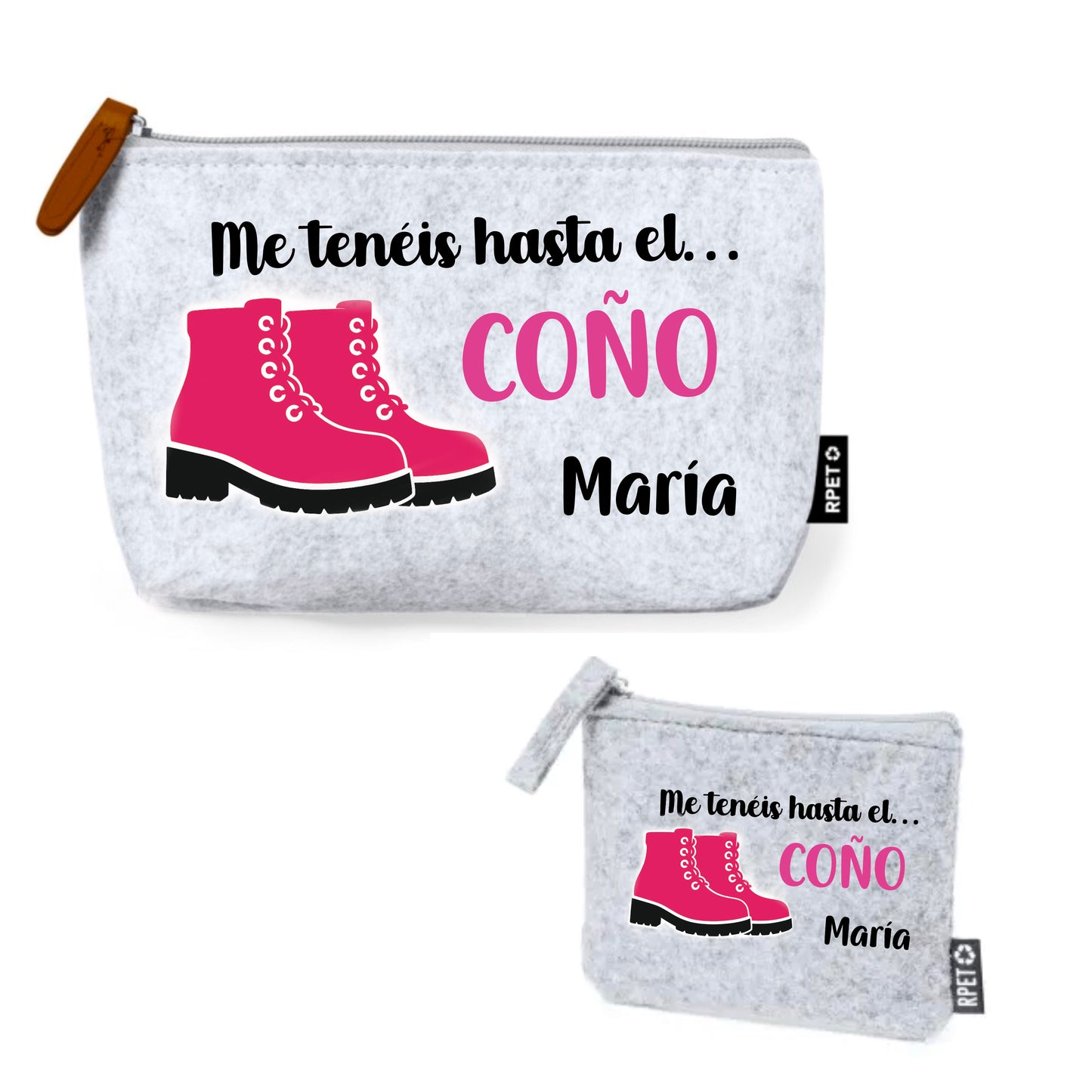 PACK NECESER Y MONEDERO DE FIELTRO RECICLADO CON FRASE "ME TENÉIS HASTA EL COÑO"