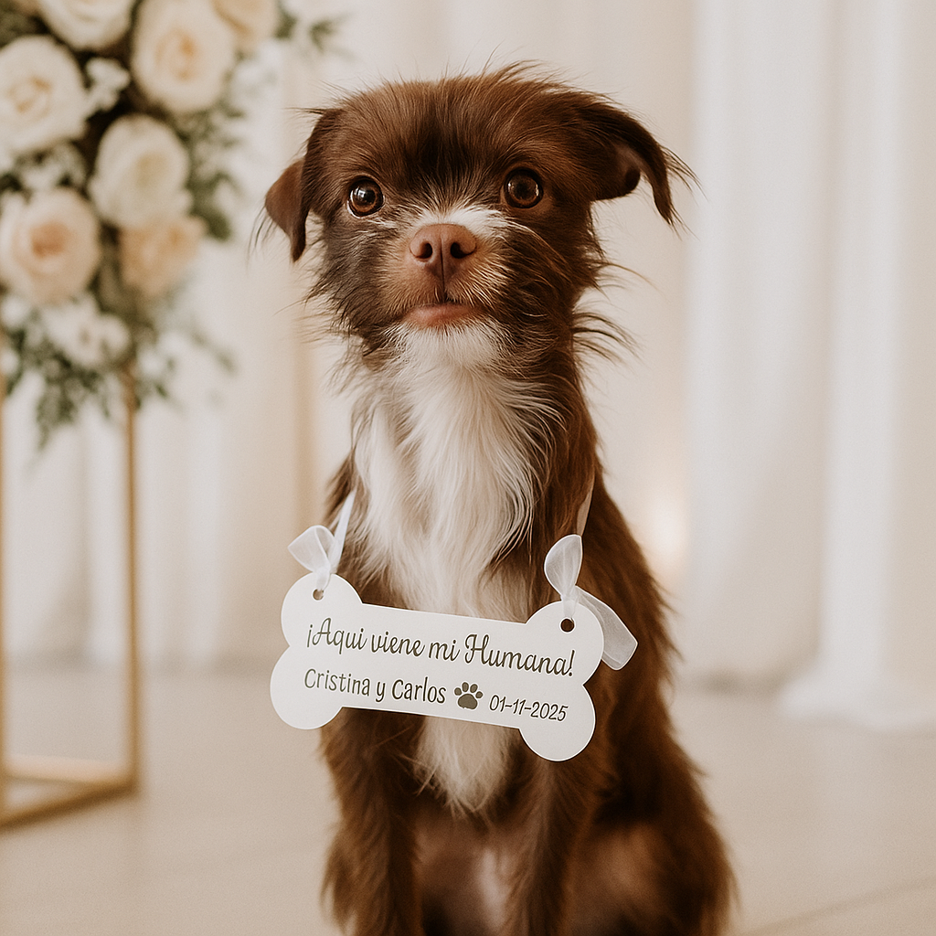 🦴 Cartel de boda “Aquí viene la novia” – Madera personalizada para mascotas