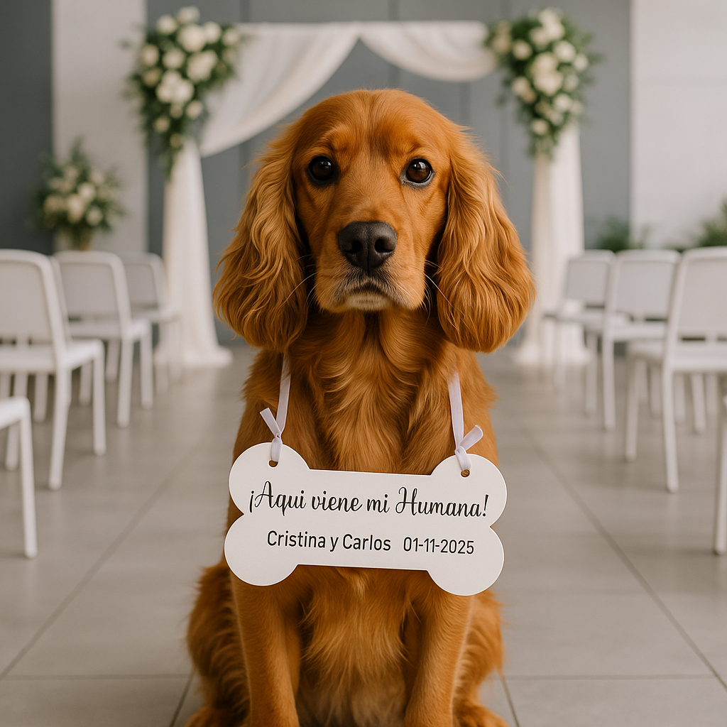 🦴 Cartel de boda “Aquí viene la novia” – Madera personalizada para mascotas