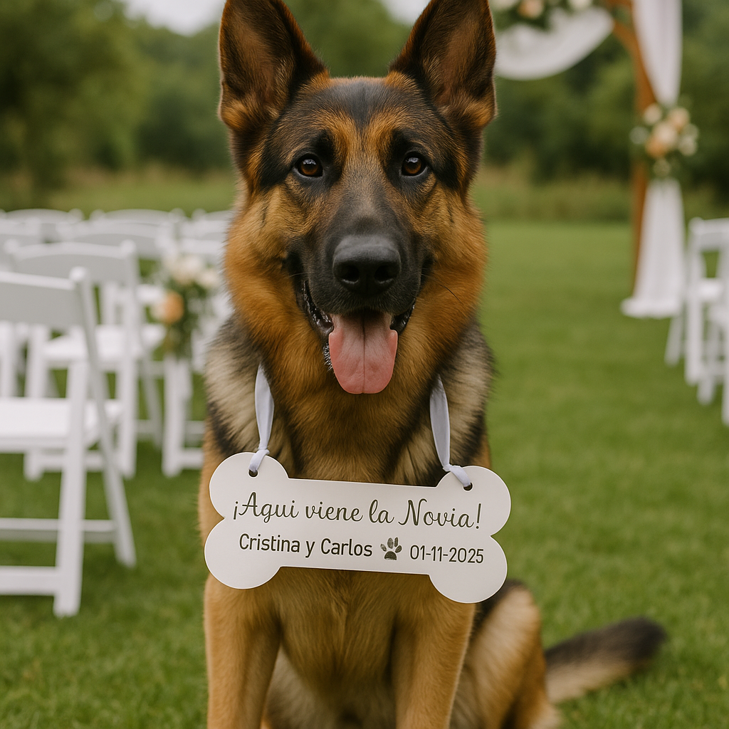 🦴 Cartel de boda “Aquí viene la novia” – Madera personalizada para mascotas
