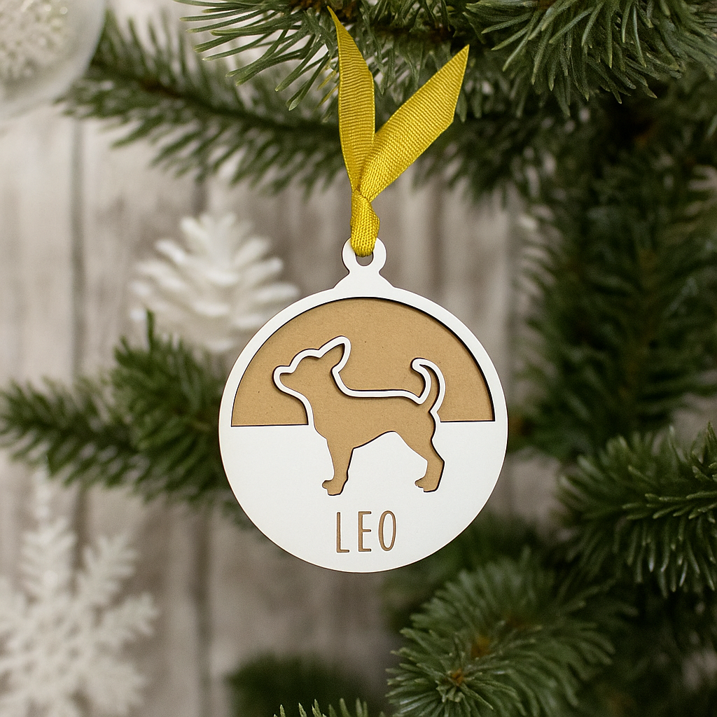 Bola de Navidad Personalizada con Diseño para Perros de Varias Razas Hecha en Madera Ecológica con Cinta,Adorno Navideño Sostenible