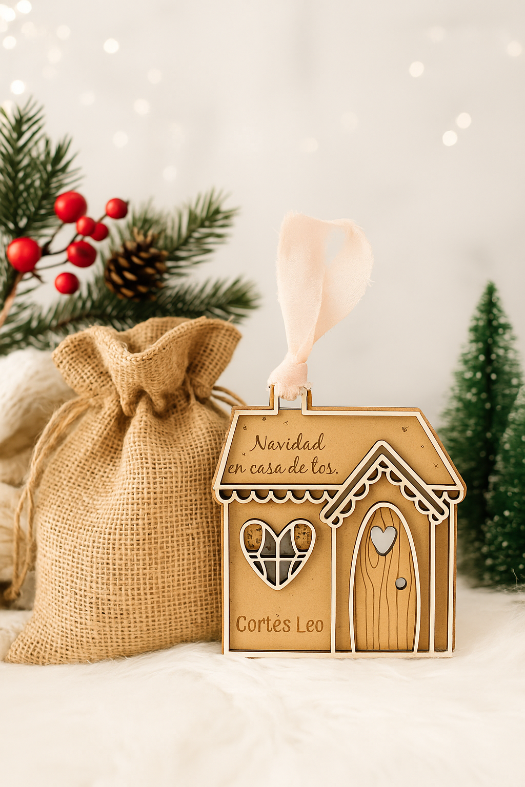 Casita de Navidad Personalizada en Madera – Adorno Familiar con Nombre – Hecha en España
