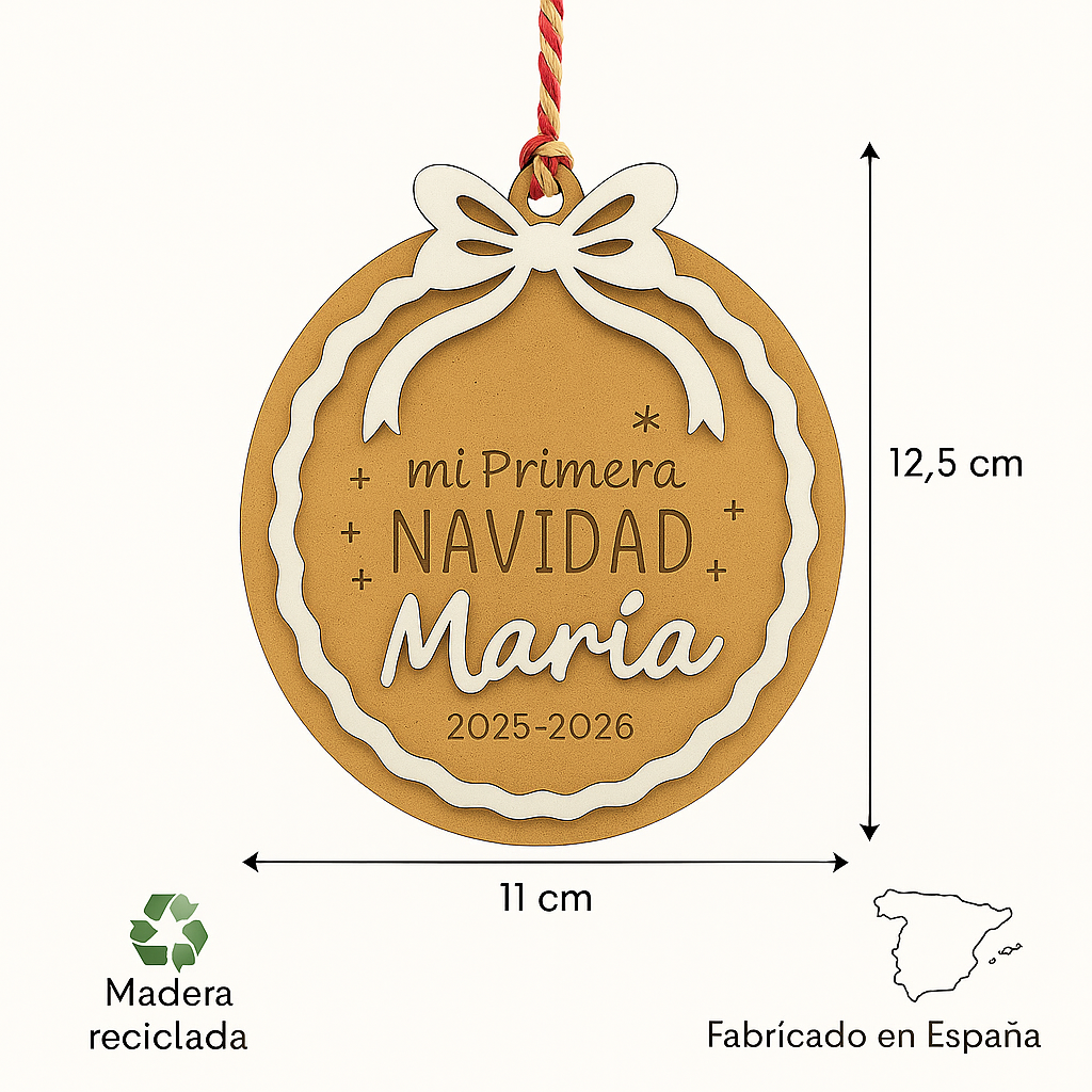 Adorno personalizado “Mi Primera Navidad” con nombre + bolsa de rafia