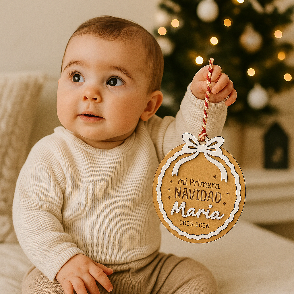 Adorno personalizado “Mi Primera Navidad” con nombre + bolsa de rafia
