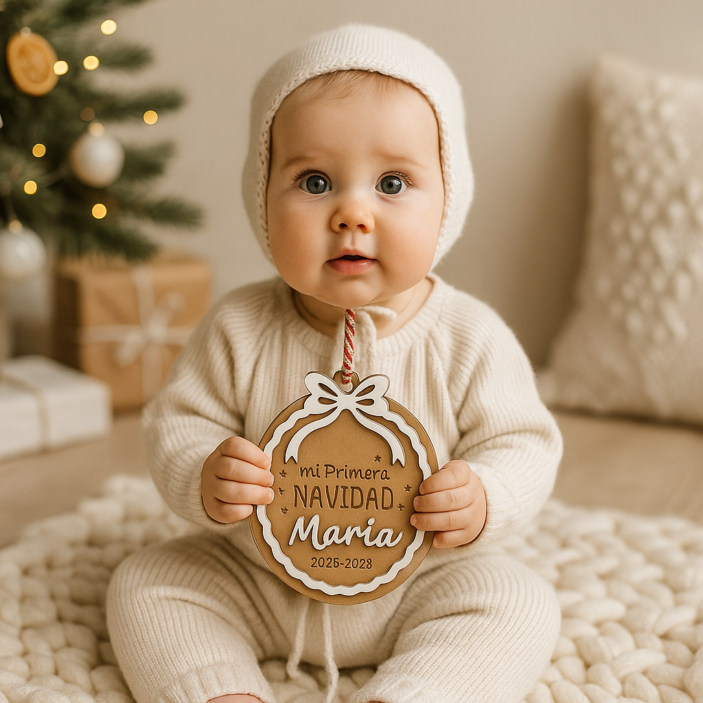 Adorno personalizado “Mi Primera Navidad” con nombre + bolsa de rafia