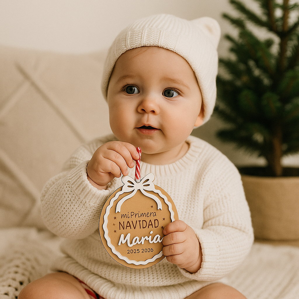 Adorno personalizado “Mi Primera Navidad” con nombre + bolsa de rafia