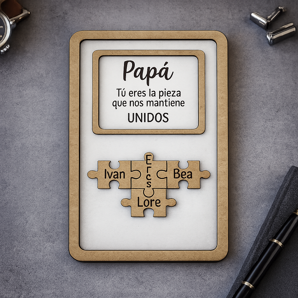 Cuadro decorativo Mamá, Papá, abuela, abuelo, tu eres la pieza que nos une con nombres personalizados en piezas de puzzle.