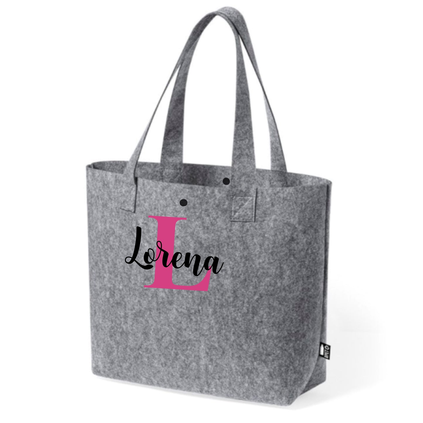 Bolso de fieltro gris personalizado con nombre en vinilo, hecho con materiales reciclados.