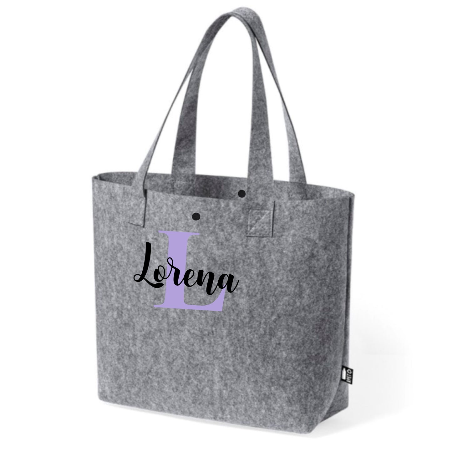 Bolso de fieltro gris personalizado con nombre en vinilo, hecho con materiales reciclados.