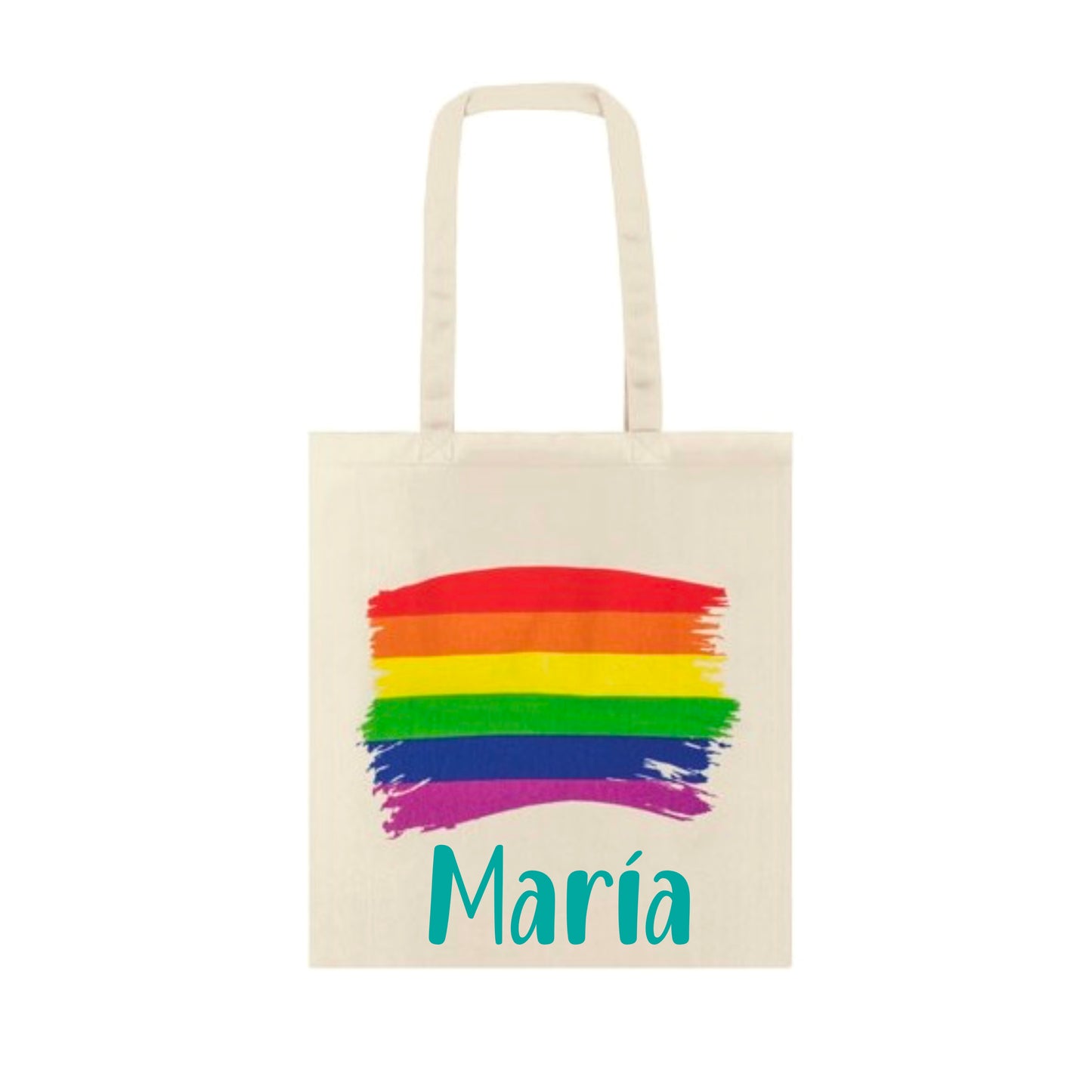 Bolso rainbow de algodón beige personalizado con nombre en vinilo, día de orgullo, LGTBI, Pride.