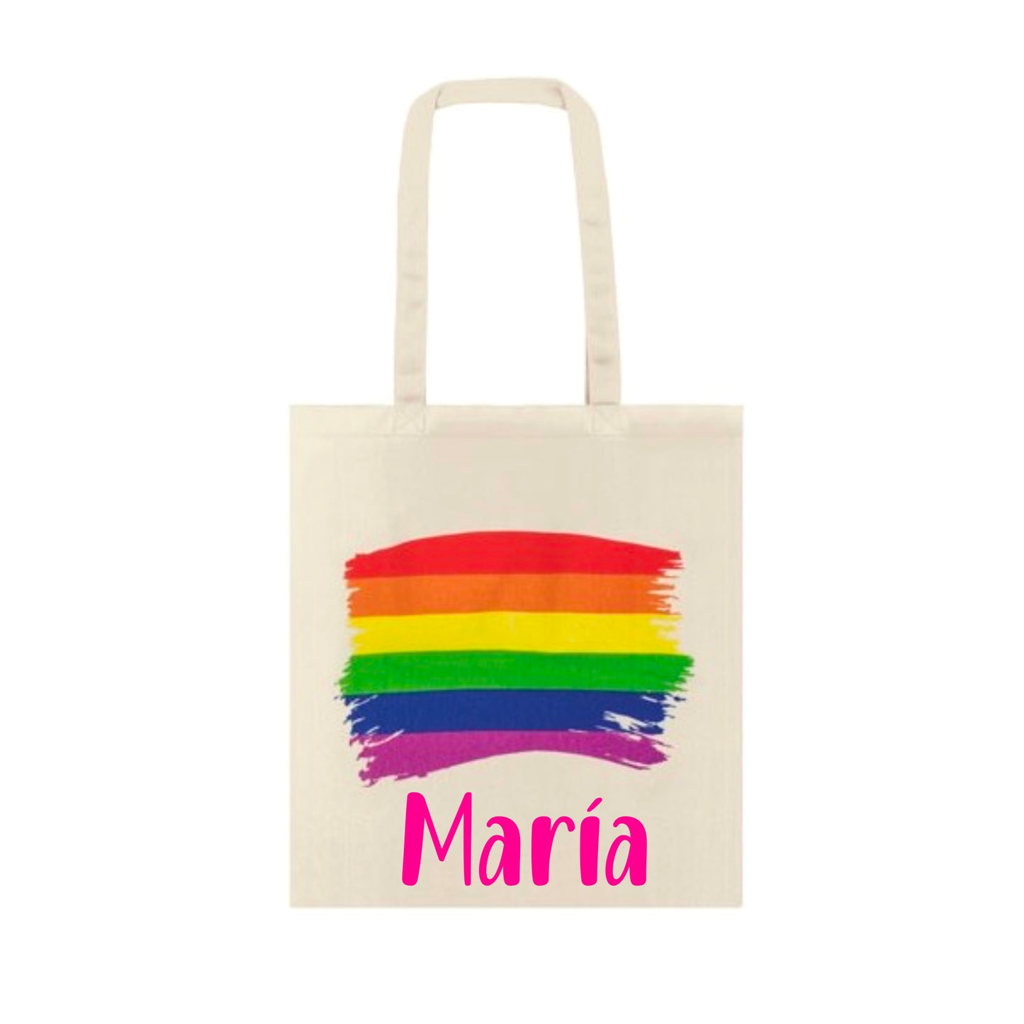 Bolso rainbow de algodón beige personalizado con nombre en vinilo, día de orgullo, LGTBI, Pride.