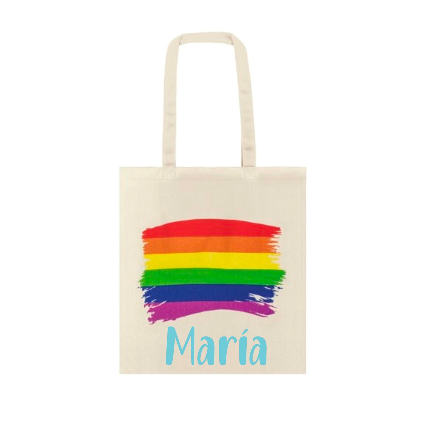 Bolso rainbow de algodón beige personalizado con nombre en vinilo, día de orgullo, LGTBI, Pride.