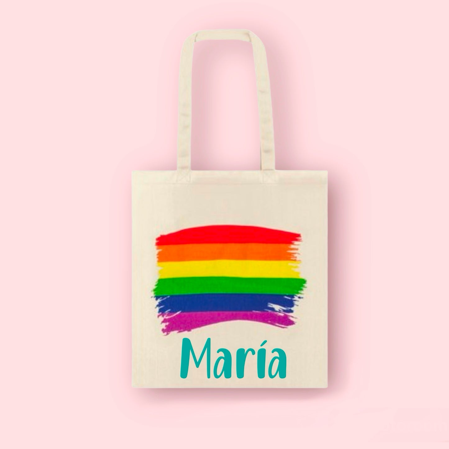 Bolso rainbow de algodón beige personalizado con nombre en vinilo, día de orgullo, LGTBI, Pride.