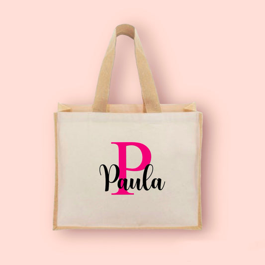 Bolso de algodón personalizado con nombre en vinilo,ideal para playa o piscina, hecho con materiales reciclados.