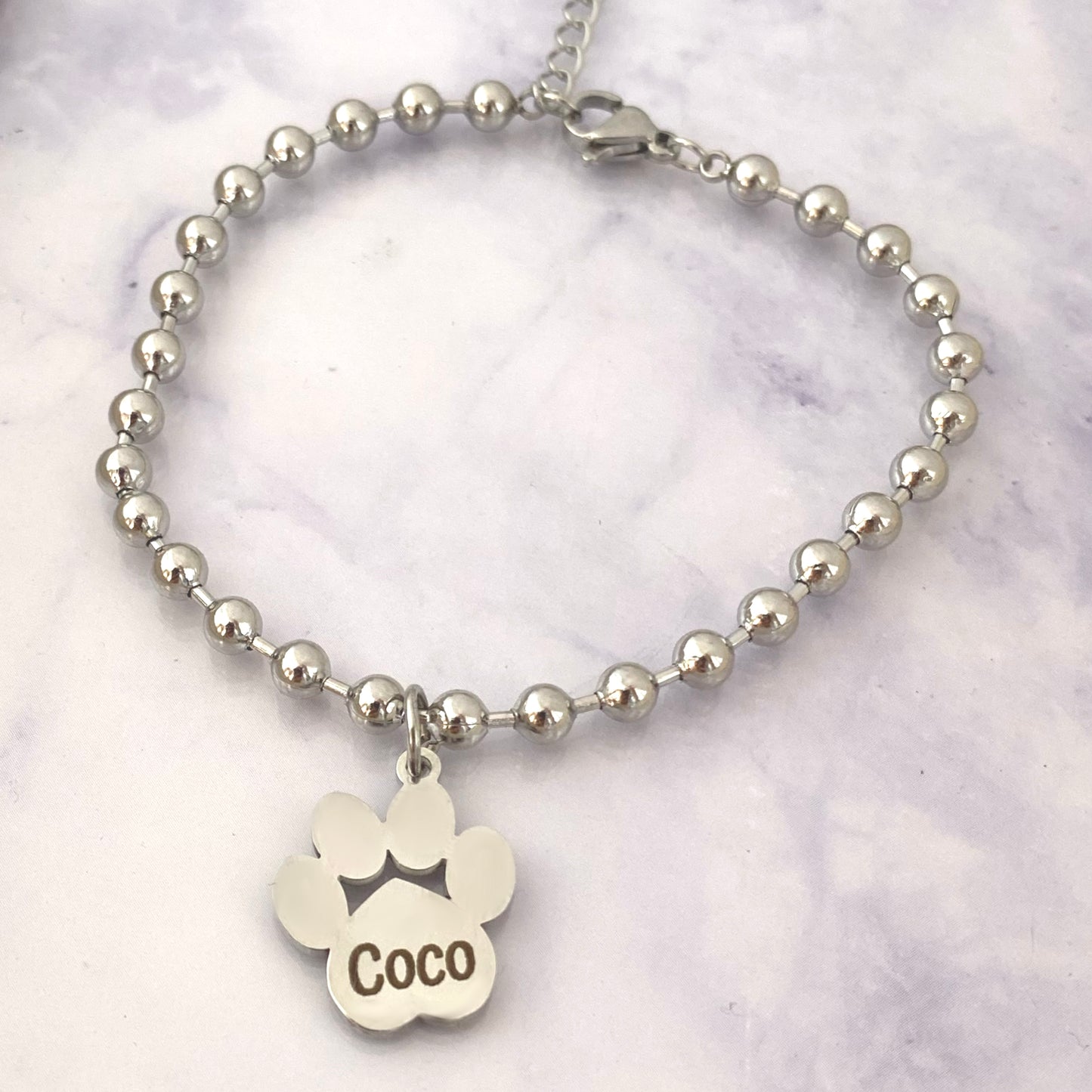 PULSERA DE ACERO INOXIDABLE CON HUELLA DE MASCOTA PERSONALIZADA DE BOLAS DE ACERO