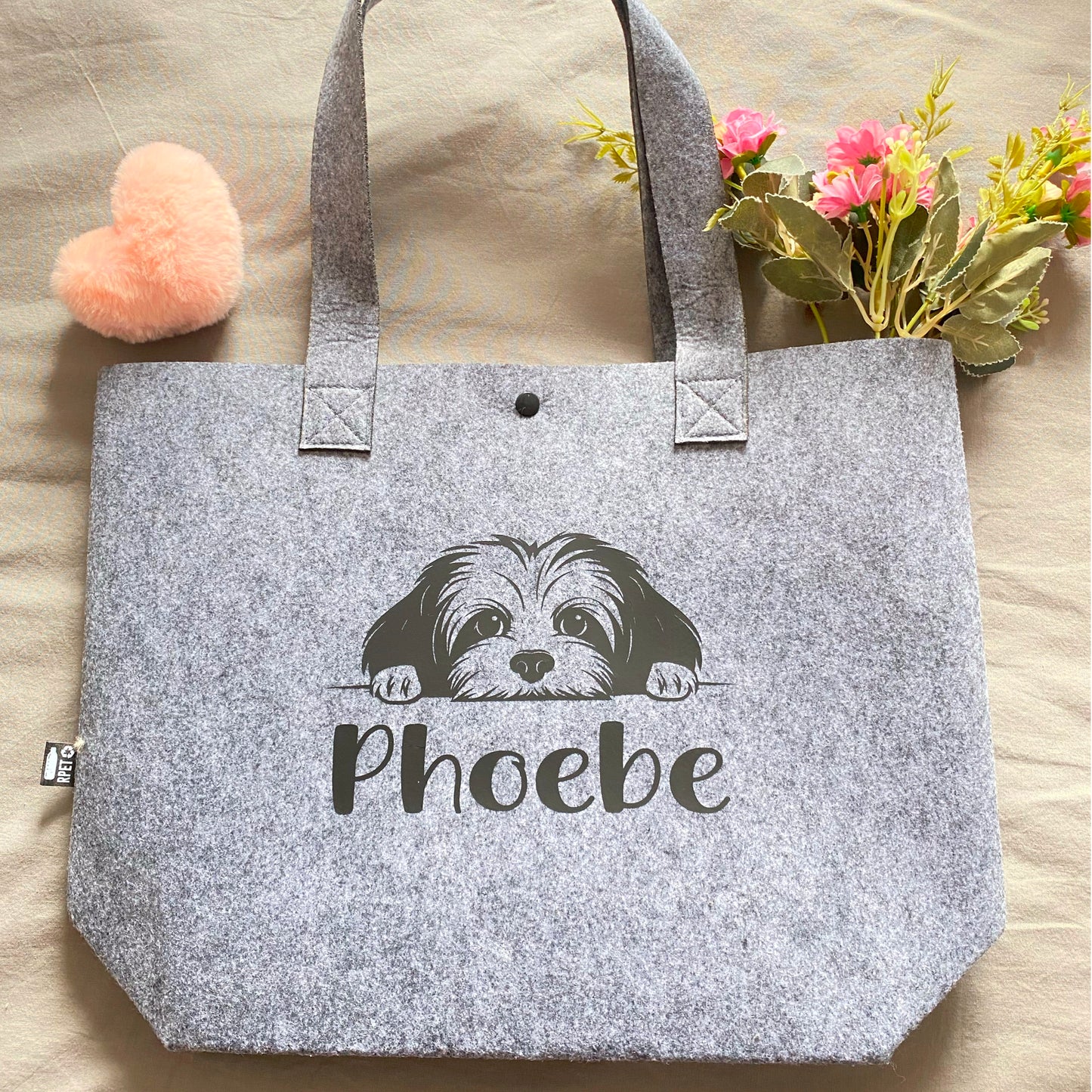 Bolso de Fieltro Reciclado Gris Personalizado con Ilustración de Raza de Perro y Nombre