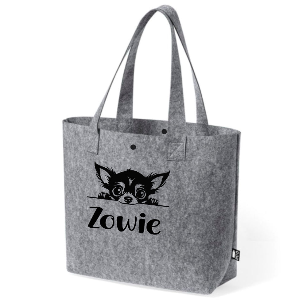 Bolso de Fieltro Reciclado Gris Personalizado con Ilustración de Raza de Perro y Nombre