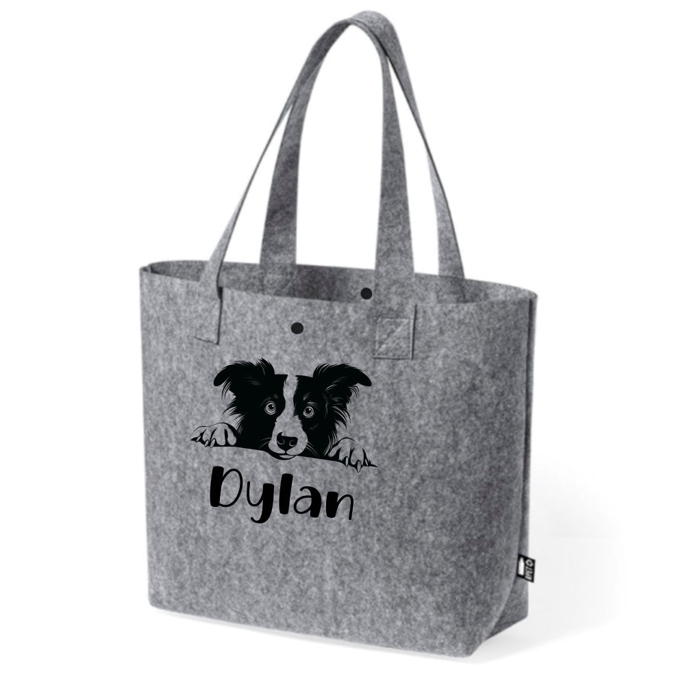 Bolso de Fieltro Reciclado Gris Personalizado con Ilustración de Raza de Perro y Nombre