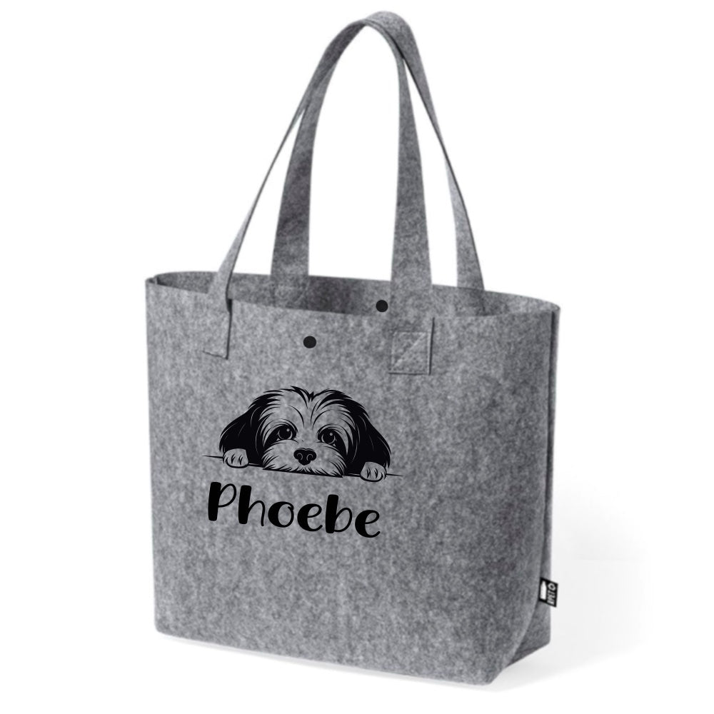 Bolso de Fieltro Reciclado Gris Personalizado con Ilustración de Raza de Perro y Nombre