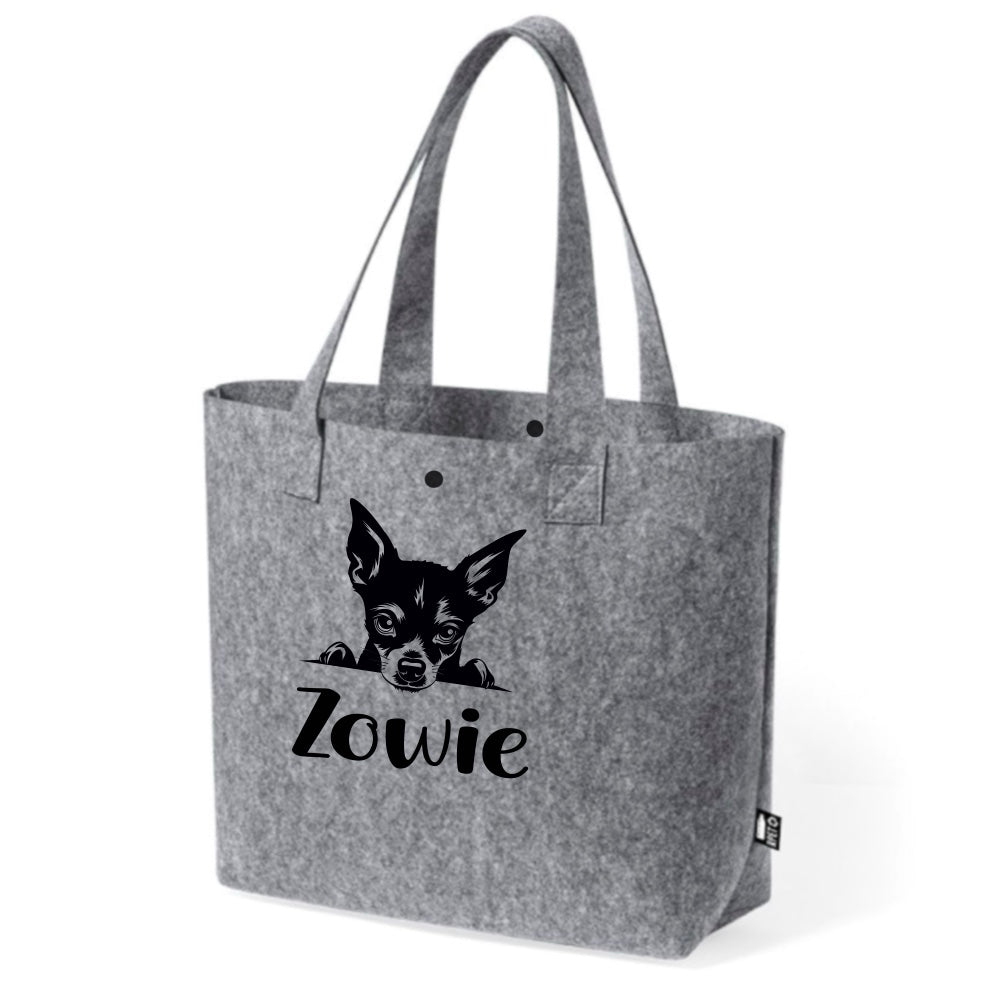 Bolso de Fieltro Reciclado Gris Personalizado con Ilustración de Raza de Perro y Nombre