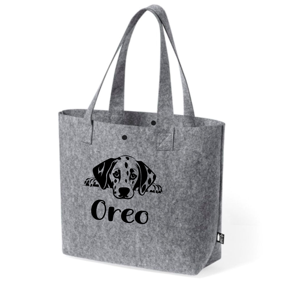 Bolso de Fieltro Reciclado Gris Personalizado con Ilustración de Raza de Perro y Nombre