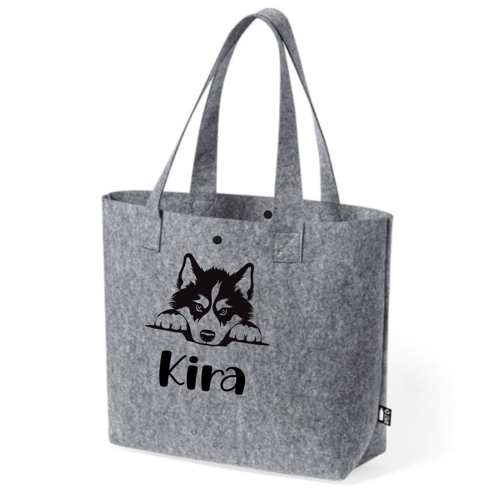 Bolso de Fieltro Reciclado Gris Personalizado con Ilustración de Raza de Perro y Nombre