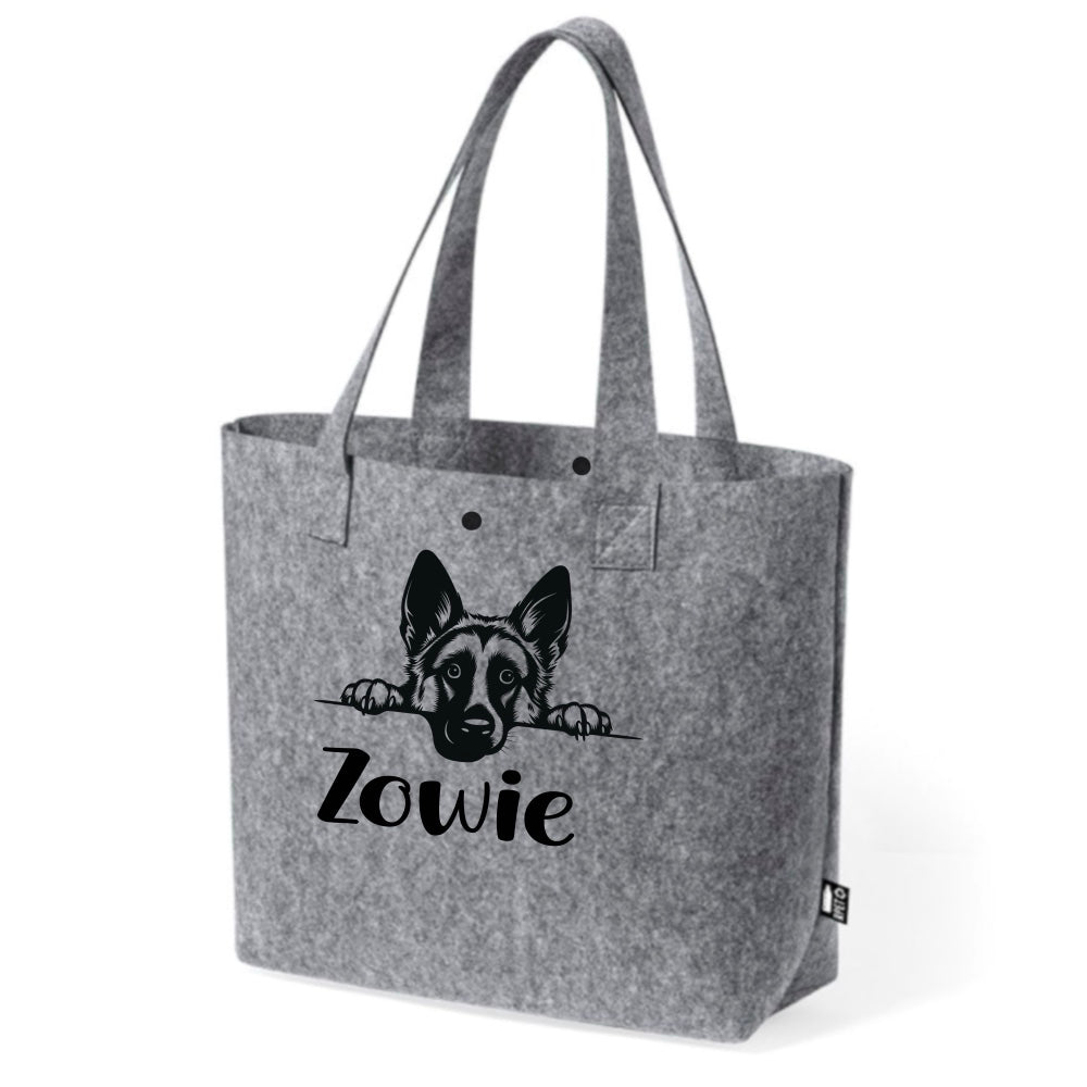 Bolso de Fieltro Reciclado Gris Personalizado con Ilustración de Raza de Perro y Nombre