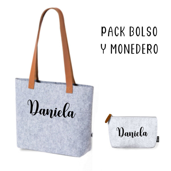 Pack Bolso y neceser Gris de Fieltro Personalizado con nombre en vinilo textil