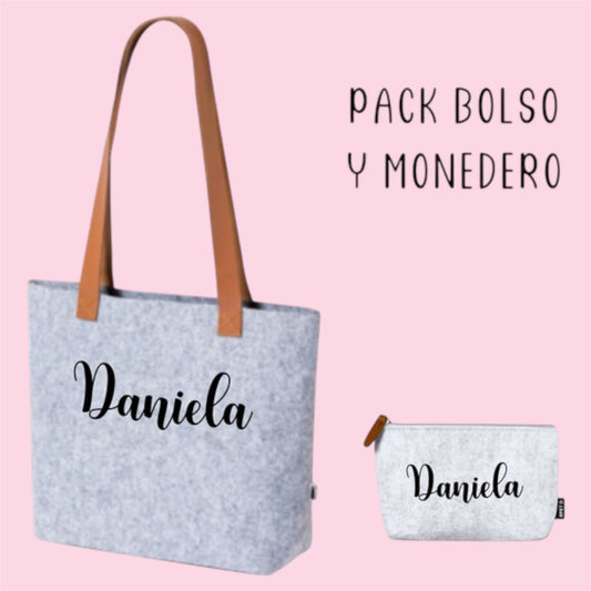 Pack Bolso y neceser Gris de Fieltro Personalizado con nombre en vinilo textil