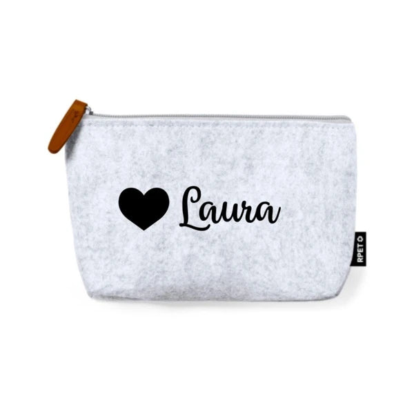 Pack Bolso y neceser Gris de Fieltro Personalizado con nombre en vinilo textil