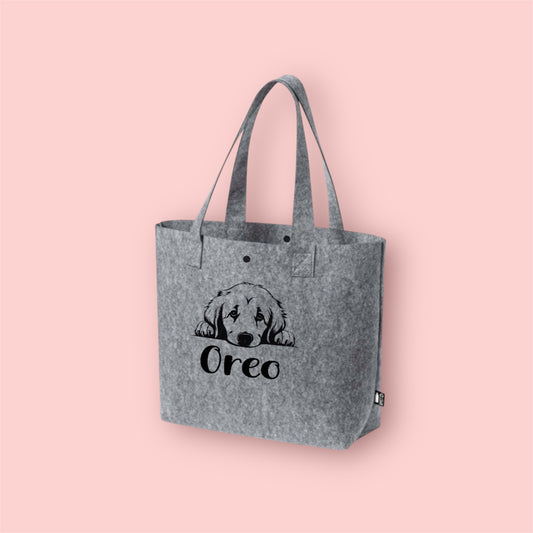 Bolso de Fieltro Reciclado Gris Personalizado con Ilustración de Raza de Perro y Nombre