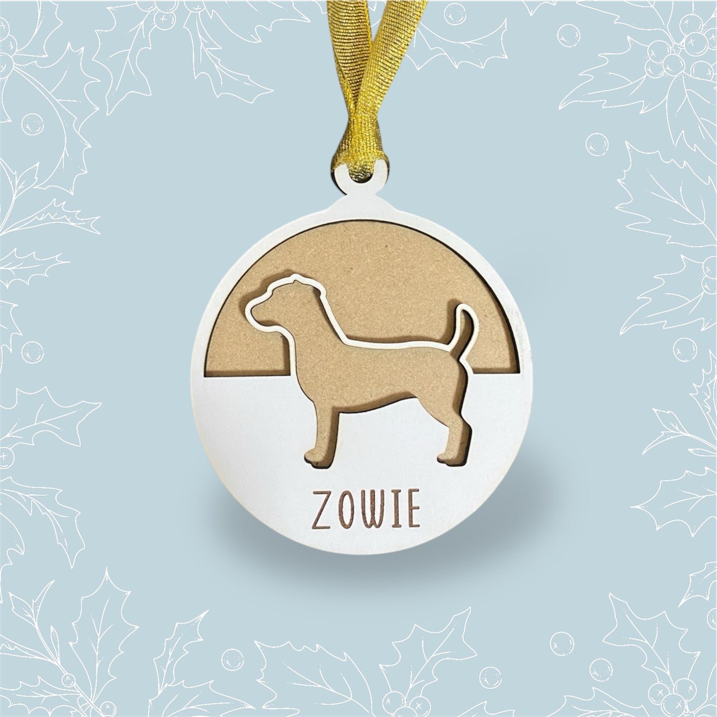 Bola de Navidad Personalizada con Diseño para Perros de Varias Razas Hecha en Madera Ecológica con Cinta,Adorno Navideño Sostenible