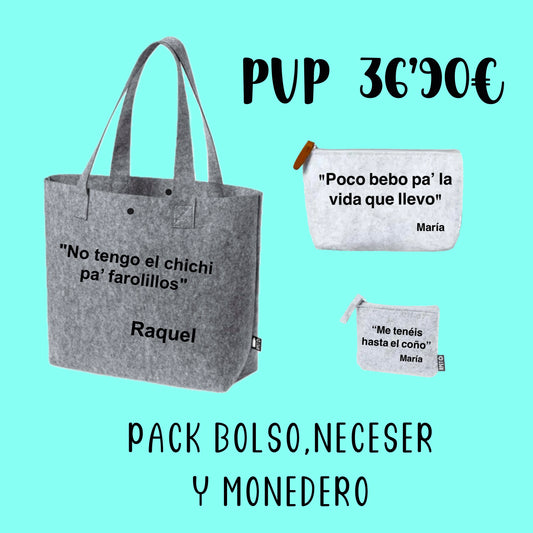 Pack Sostenible de Bolso gris oscuro, Neceser y Monedero con Frases Atrevidas - ¡Ahórrate un Dinero! (copia)