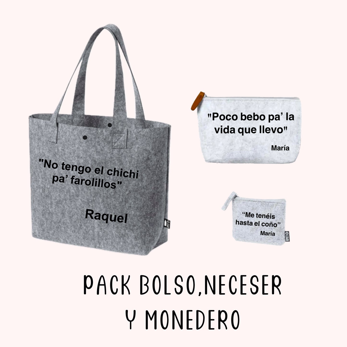 Pack Sostenible de Bolso gris oscuro, Neceser y Monedero con Frases Atrevidas - ¡Ahórrate un Dinero! (copia)