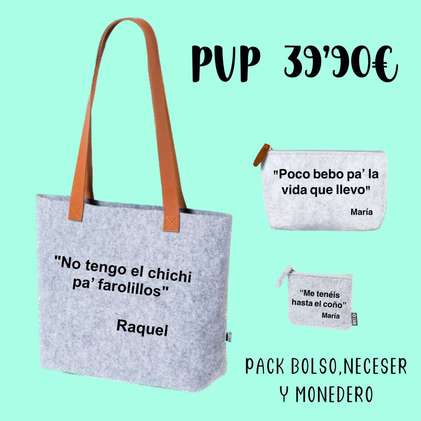 Pack Sostenible de Bolsos, Neceser y Monedero con Frases Atrevidas - ¡Ahórrate un Dinero!