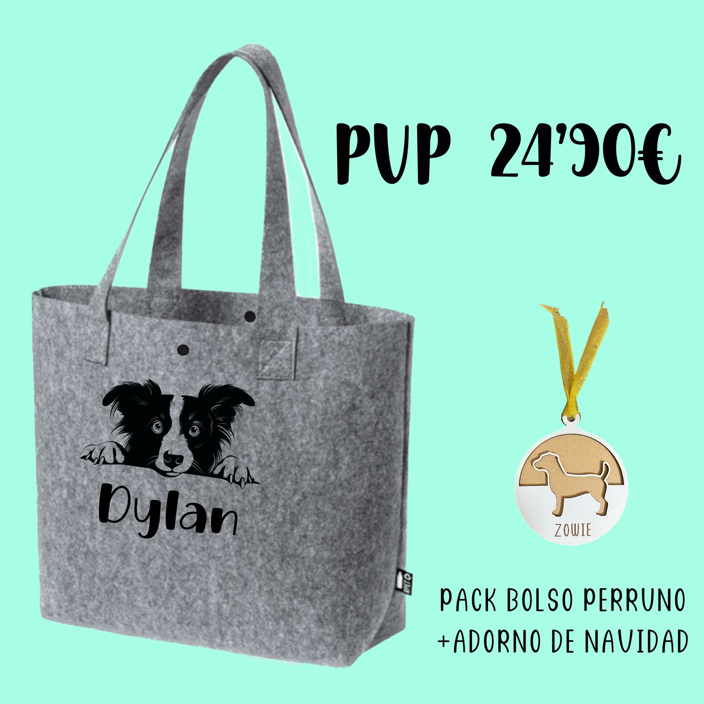 Pack Regalo Personalizado: Bolso de Fieltro con Imagen de Mascota + Bola de Navidad de Madera – Oferta Especial Más Económica