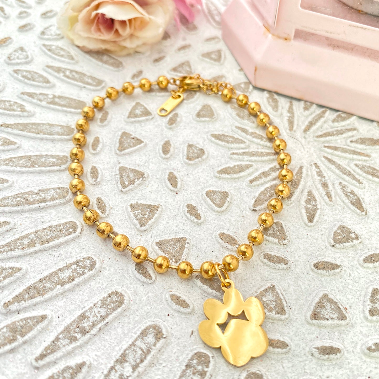 PULSERA DE ACERO INOXIDABLE CON HUELLA DE MASCOTA PERSONALIZADA DE BOLAS DE ACERO