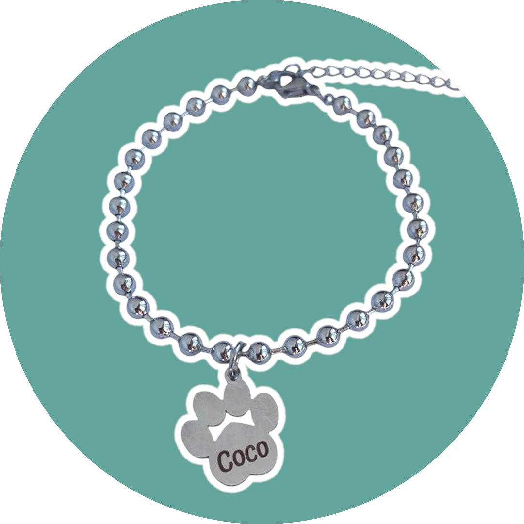 PULSERA DE ACERO INOXIDABLE CON HUELLA DE MASCOTA PERSONALIZADA DE BOLAS DE ACERO